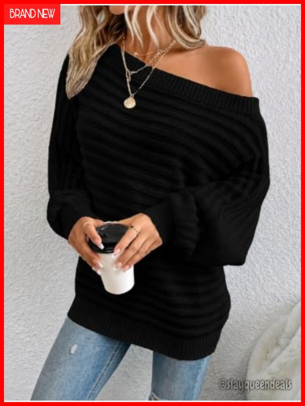 Oversized Off-the-Shoulder Ribbed Knit Pullover Sweater